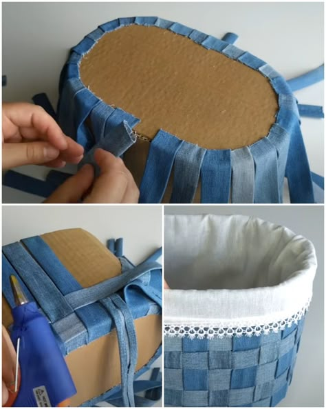 Jean Basket Diy, Stuff To Make Out Of Old Jeans, Crafts Made From Old Blue Jeans, Upcycling Fabric Ideas, Old Denim Jeans Upcycle, Upcycle Baskets Ideas, Basket Upcycle Ideas, Upcycle Baskets, Jean Basket