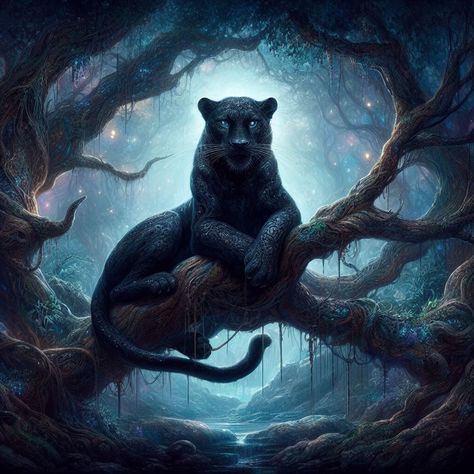 Fantasy Panther Art, Fantasy Panther, Black Panther Painting, Fantasy Feline, Panther Aesthetic, Panther Illustration, Black Panther Cat, Black Panther Tattoo, Big Cat Tattoo