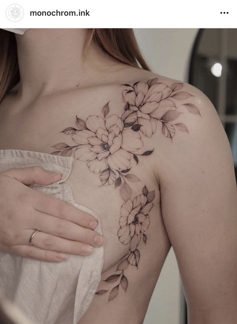 Orchid Flower Tattoos, Feminine Shoulder Tattoos, Front Shoulder Tattoos, Tato Dada, Mastectomy Tattoo, Orchid Tattoo, Torso Tattoos, Flower Tattoo Shoulder, Chest Tattoos For Women