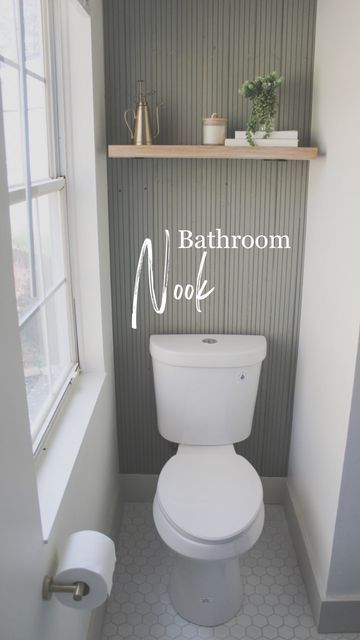 Kelsey Gibby on Instagram: "Such a quick and easy way to add a big impact to a small space. Love this little accent wall for behind a bathroom toilet and the best part is this only took about an hour to complete! Not to mention it was super affordable! Comment “materials” below to get list of all the supplies I used for this accent wall." Tiled Powder Room Wall, Behind Toilet Ideas, Half Bath Accent Wall, Water Closet Decor, Powder Room Accent Wall, Toilet Rooms, Small Half Bathrooms, Wallpaper Accent Wall Bathroom, Small Half Bathroom