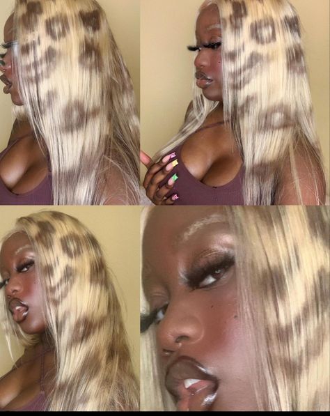 Blonde Cheetah Print Hair, Color Highlighter Makeup, Tiger Stripe Highlights, Cheetah Print Wig, Dyed Roots On Black Hair, Tiger Stripe Hair, Wigs Y2k, Tiger Stripes Hair, Cheetah Print Hair