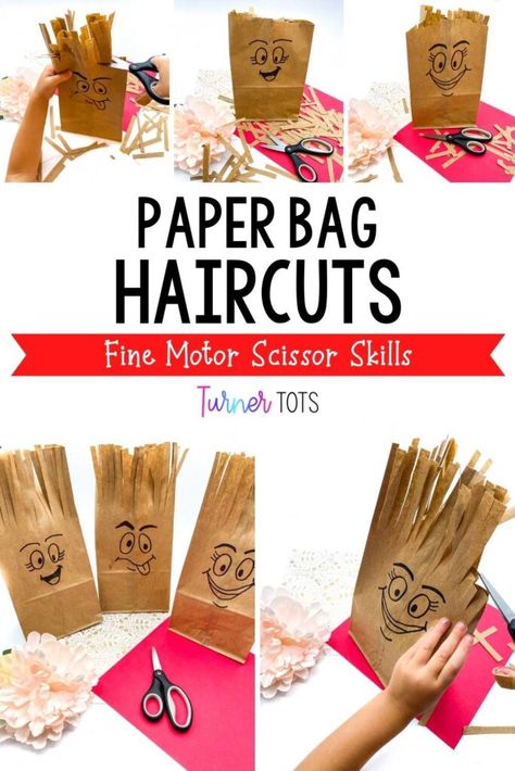 A fun way to practice with scissors are these paperbag haircuts preschoolers can do themselves. This fine motor scissor activity is a fun one - add faces to brown paper bags and allow your little ones to pretend like they are barbers. They will give each paper bag a haircut while their fingers practice those fine motor skills. Click to get more information about this fine motor scissor skills activity! Crafts About Community Helpers, Butcher Paper Prek Activities, Community Helpers Preschool Fine Motor, Scissor Activity For Preschool, Paper Bag Activities For Kids, Community Helpers Fine Motor Activities, All About Me Fine Motor, Career Crafts For Kids, Paper Bag Activities