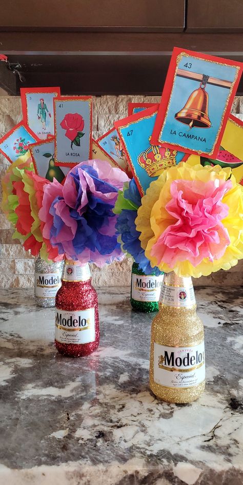 Loteria Theme Party Centerpieces, Mexican Birthday Party Centerpieces, 75th Birthday Mexican, A Little Señorita Is On Her Way Theme, Mexican Party Theme Ideas, Fiesta Theme Centerpieces, Diy Mexican Party Decorations, Mexican Party Centerpiece Ideas, Mexican Theme Graduation Party