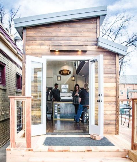 Tiny house turned coffee shop. Pocket Cafés: Story Coffee Co. - Fresh Cup Magazine Tiny Home Coffee Shop, Old House Turned Coffee Shop, Shed Coffee Shop Ideas, Bakery Shed Tiny House, Garage Coffee Shop Ideas, Tiny House Bakery, Tiny House Coffee Shop, Micro Coffee Shop, Shed Coffee Shop