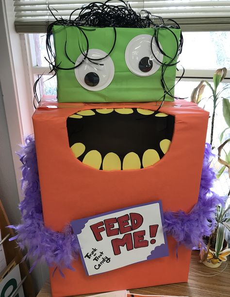 Monster themed donation box for Trunk or Treat candy * He’s hangry! * DIY upcycle collection box * butcher paper * dollar tree finds Monster Candy Collection, Trunk Or Treat Candy Monster, Candy Collection Box Ideas, Monster Theme Trunk Or Treat, Halloween Candy Collection Box Ideas, Monster Boxes Ideas For Halloween, Box Monsters Cardboard, Trunk Or Treat Candy Donation, Candy Monster Donation Bin