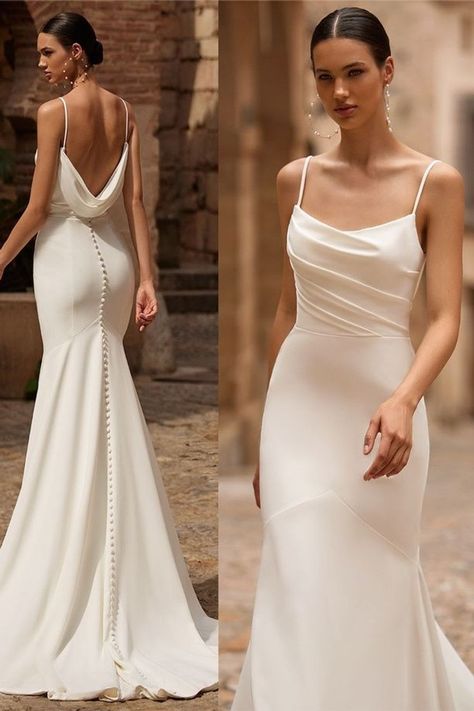 Cowl Back Wedding Dress, Simple Classy Wedding Dress, Custom Bridal Dress, Wedding Dresses Spaghetti Strap, Moonlight Bridal, Wedding Dress Backs, Crepe Wedding Dress, Classy Wedding Dress, Wedding Dresses Mermaid