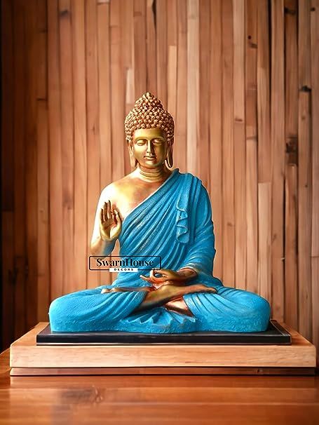 SwarnHouse Decors® Beautiful Sitting Buddha Idol Statue for Home & Garden Living Room | Healing Spirit Blessing Buddha Statue - 15 Inch Size (Golden Blue) Buddha Statue In Living Room, Buddha Statue Decor, Buddah Statue, Buddha Statue Garden, Blessing Buddha, Large Buddha Statue, Fancy Living Rooms, Buddha Home Decor, Zen Buddha