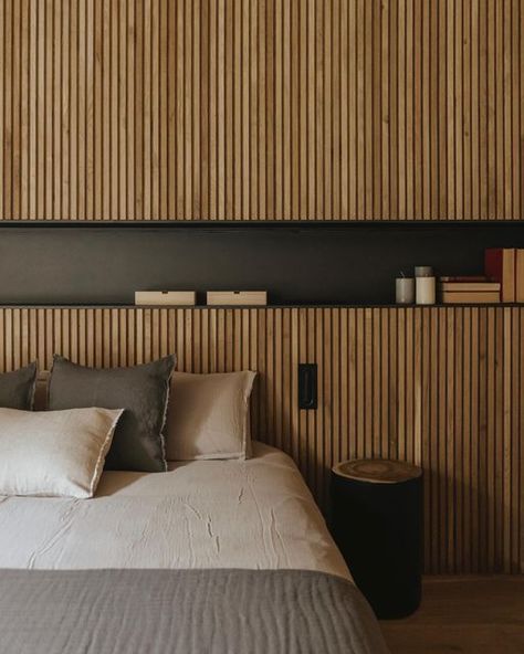 Juan Sierra on Instagram: "House in La Cerdanya, 2020 @altointeriorismo @co_arquitectura - #interiordesign #bed #room #interiors #wood #slatwall #bedroomdecor #bedroom" Wood Headboard Bedroom, Wood Panel Bedroom, Wabi Sabi House, Slatted Headboard, Bedroom Murals, Bedroom Panel, Wood Bedroom, Bed Slats, Bedroom Headboard