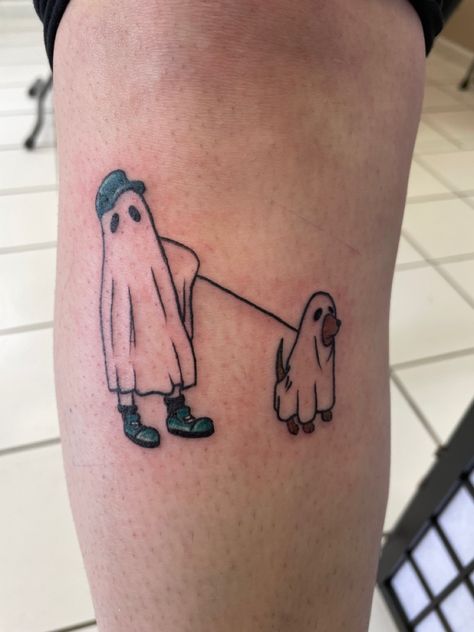 Ghost boy and ghost dog tattoo Ghost With Dog Tattoo, Skeleton And Ghost Tattoo, Ghost And Dog Tattoo, Skateboarding Ghost Tattoo, Ghost With Legs Tattoo, Ghost Dinosaur Tattoo, Ghost Walking Dog Tattoo, Skeleton Dog Tattoo, Dog Skeleton Tattoo