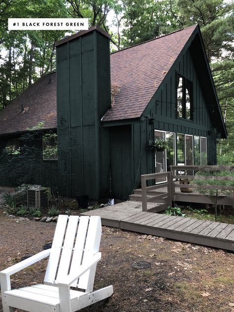 Painting the Cabin Dark Green - Deuce Cities Henhouse Dark Exterior House Colors Stucco, Monochromatic Green House Exterior, Commune Interior Design, Small Black Home Exterior, Dark Grey House Exterior White Trim Brown Roof, Board And Batten Exterior Siding, Dark Green House Exterior, Cabin Landscaping, Wisconsin Cabin