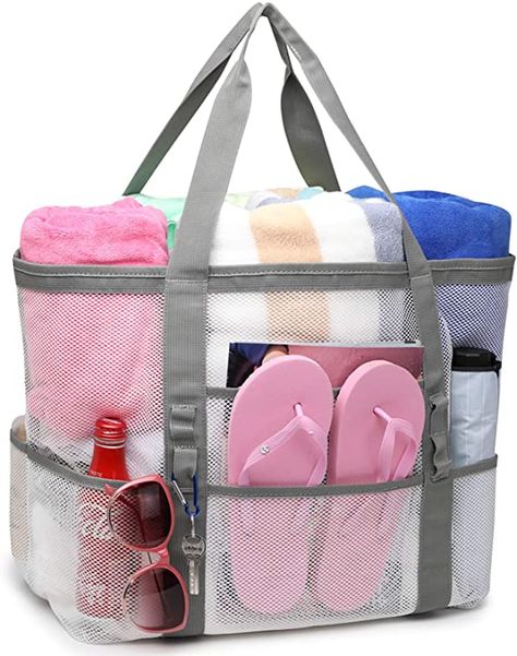 Amazon.com | Mesh Beach Bag, F-color Oversized Beach Tote 9 Pockets Beach Toy Bag, White | Travel Totes Boat Bag, Mesh Beach Bags, Large Beach Bags, Pool Bags, Swimming Bag, Toy Bags, Beach Tote Bags, Beach Tote, Mesh Bag