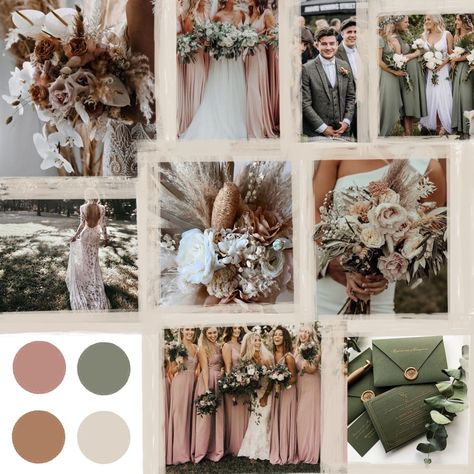 Sage Green And Blush Boho Wedding, Boho Wedding Color Schemes Fall, Rustic Boho Wedding Colors, Mood Boards Wedding Colour Palettes, Rustic Colour Palette Wedding, Earthy Pink Wedding, Country Wedding Color Palette, Boho Wedding Colour Scheme, Bohemian Wedding Mood Board