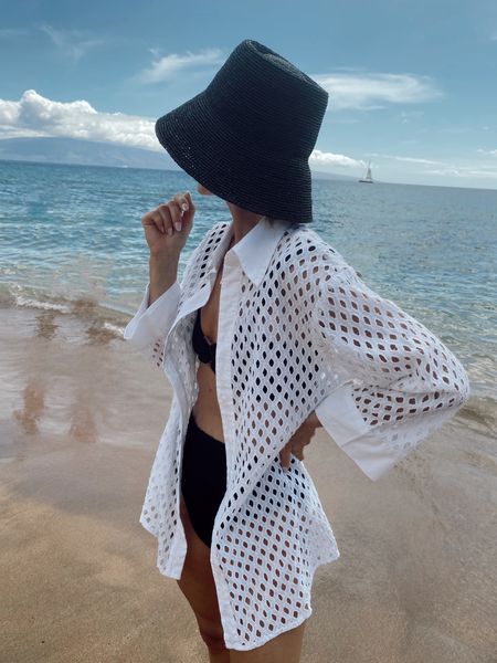 Black Bucket Hat Outfit, Crinkle Swimsuit, Bucket Hat Outfits, Bucket Hat Outfit, Black And White Hats, Swimsuit Coverups, Hat Outfits, White Cover Up, Hat Aesthetic