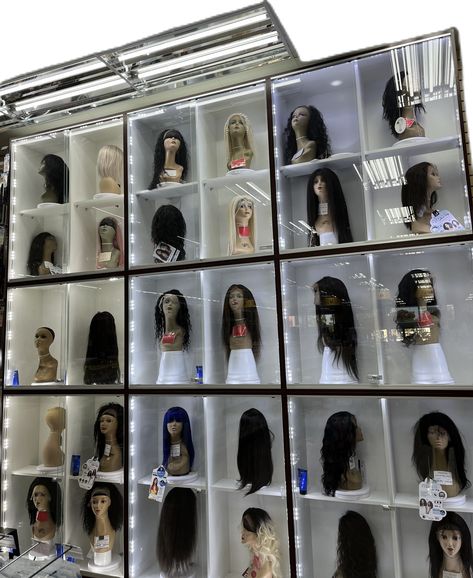 Wig Store Ideas, Wig Organization, Wig Closet, Hair Logo Design, Beauty Room Salon, Hair Salon Interior, Hair Logo, Hair Boutique, Beauty Room Decor