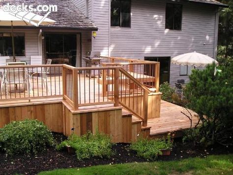 what if reduce walk out area (enough for grill) and then transition down to terrace Outdoor Decking, Multi Level Deck, Outdoor Patio Diy, Building A Porch, Patio Deck Designs, Wooden Deck, Deck Designs Backyard, Deck Stairs, Deck Designs