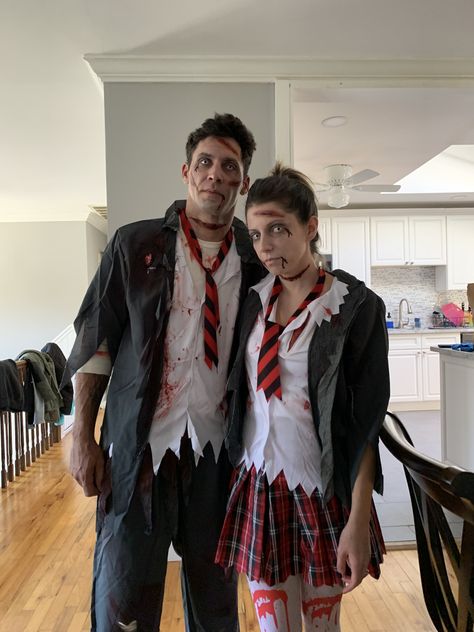 Zombie Rocker Costume, Zombie School Uniform, Zombie Costume Ideas For Couples, Zombies Couple Costume, Mens Zombie Costume, Zombie Makeup Couple, Male Zombie Costume, Zombie Cop Costume, Zombie Couples Costumes