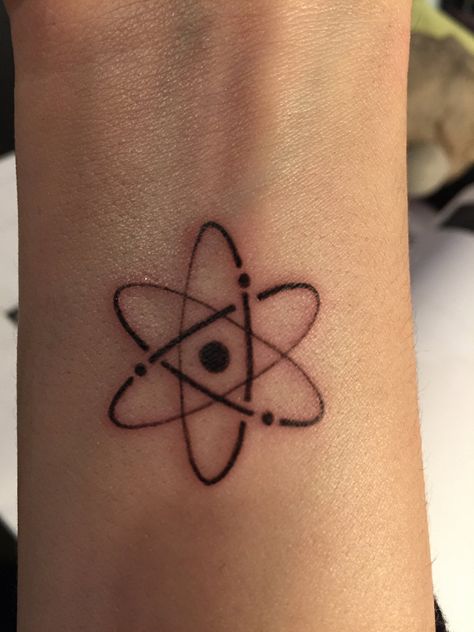 Tiny atom now quietly sitting on my right wrist Atoms Tattoo, Nuclear Tattoo, Atomic Tattoo, Physics Tattoos, Atom Tattoo, Chemistry Tattoo, Science Tattoo, Science Tattoos, Planet Tattoos