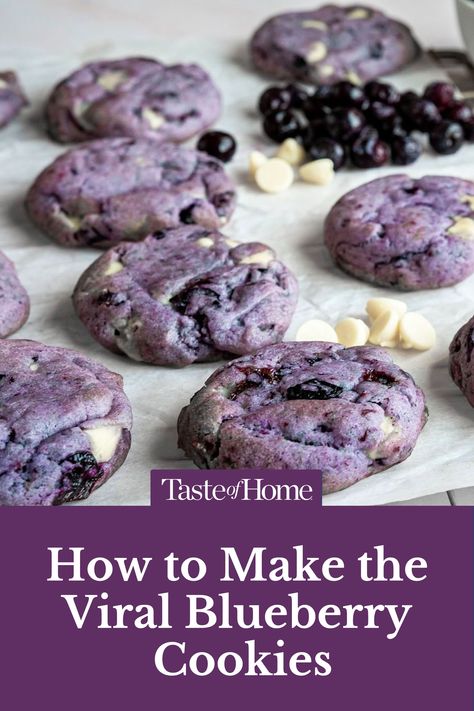 Jam-packed with flavor, these trendy blueberry cookies are the perfect snack! Thawed Blueberry Recipes, Crumbl Blueberry Cookies, Uses For Blueberry Jam, Chocolate Blueberry Cookies, Blueberry Shortbread Cookies, Blueberry Heaven Cookies, Frozen Blueberry Cookies, Fresh Blueberry Cookies, Blueberry Crinkle Cookies