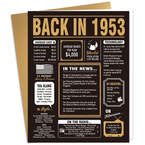 PRICES MAY VARY. This jumbo 70th card is filled with interesting facts from 1953. It is the perfect talking point. You can grab one as a unique birthday or anniversary gift for your recipients. Card size：8.5" x 11" inches folded. Printed on quality 300gsm recycled, smooth card stock and comes with a matching red envelope. Blank on the inside, ready for your personal message. your recipients gonna love it! Back In 1953, 60th Birthday Poster, Birthday Card For Dad, 61 Birthday, 70th Birthday Card, Woman Happy, Homemade Birthday Cards, Birthday Gifts For Grandma, Dad Birthday Card