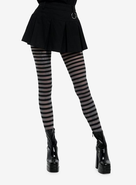 Effortlessly chic  these black and grey striped tights will elevate your everyday style!88% polyester; 12% spandexHand wash cold; drip dryImported Thigh High Striped Socks, Black And Grey Clothes, Striped Tights Outfit, Emo Tights, Pretty Tights, Goth Tights, Black And White Tights, Gothic Tights, Colorful Tights