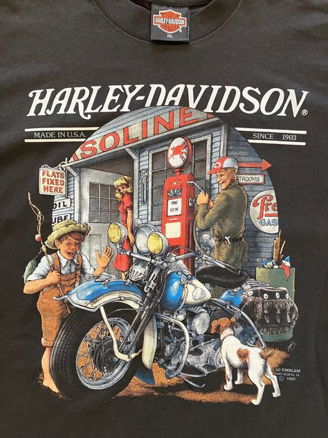 Extremely Rare Single Stitch 3D Emblem T-shirt, FT. WORTH, TEXAS "Gasoline" Harley Davidson, Made in USA 1990 DEADSTOCK One of the most sought-after t-shirts from the 3D Emblem brand, along with the "Hawg" and "Party Animals" designs. Features a print of a gas station with caption Harley Davidson and different characters. This is a superb iconic model from that era. Absolutely stunning. A collector's item of American culture, extremely rare in new vintage condition. Size XL. Measurements: Shoulder to shoulder: 20 in Back length: 30 in Armpit to armpit: 20 in Comes from an old closed off Harley Davidson store. Check my other listings for rare deadstock 3D Emblem items. Harley Davidson Store, Ft Worth Texas, Harley Shirt, Harley Shirts, Ft Worth, Harley Davidson T Shirts, Party Animals, American Culture, Gas Station