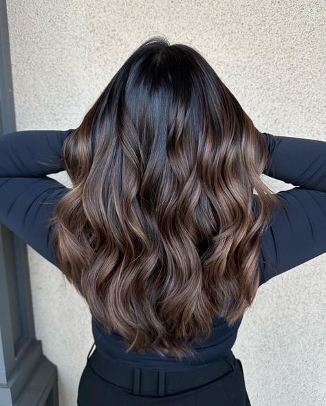 Brown Balayage On Dark Skin, Chocolate Brown Babylights, Chocolate Baylage, Dimensional Brunette Straight Hair, Warm Tone Balayage On Dark Hair, Chocolate Brunette Balayage, Brown Girl Balayage, Brownie Highlights, Babylights Brunette Dark