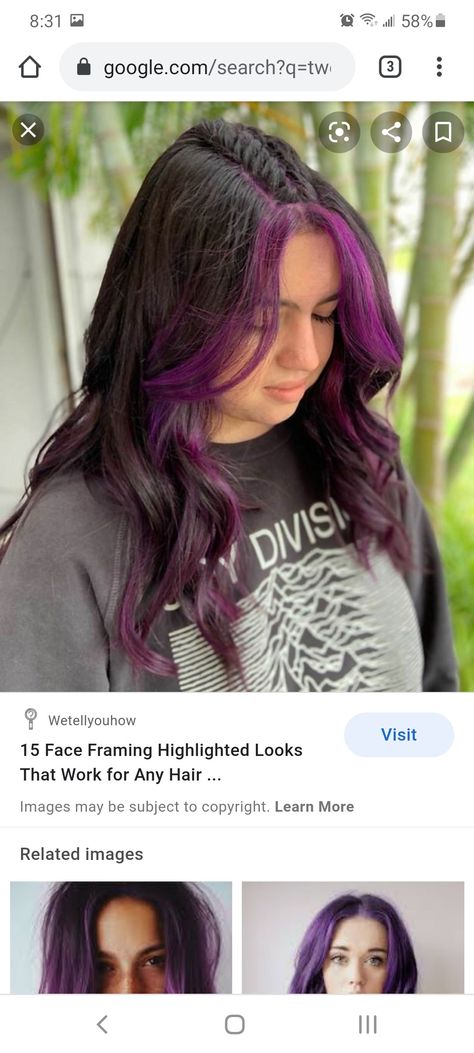 Highlights Around Face, Purple Hair Highlights, Purple Streaks, Highlighted Bangs, Purple Highlights, Dark Hair With Highlights, Halo Hair, Shot Hair Styles, Hair Images