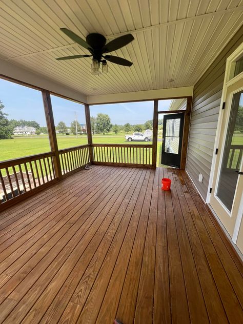 Some deck staining today Dark Stain Porch, Stain Deck Colors, Porch Stain Ideas, Stained Front Porch, Solid Stain Deck Colors, Solid Stain Deck, Stain Deck, Deck Staining, House Staging