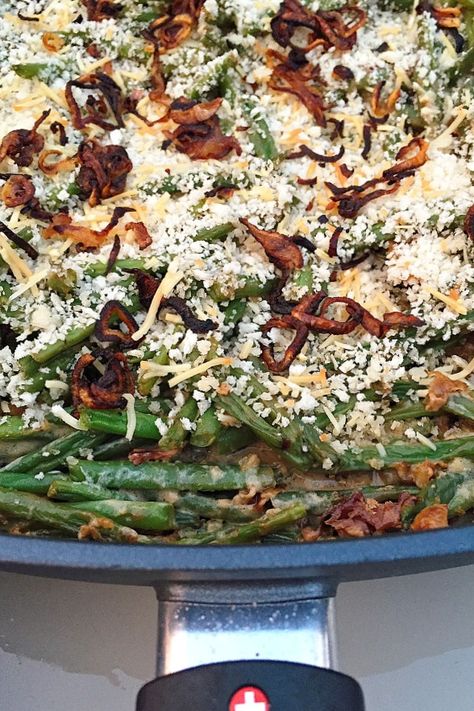 Bacon Casserole, Green Beans With Bacon, Fried Shallots, Holiday Meal, Green Bean Casserole, Thanksgiving Menu, Green Bean, Vegetable Sides, Side Recipes