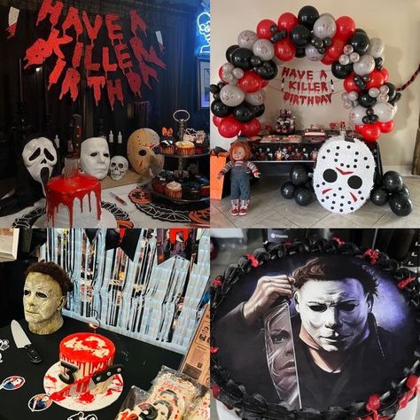 Spooky Souls | Horror birthday party themes 🥰 killer ideas ❤️ | Facebook Slasher Party, Horror Birthday Party, Movie Party Decorations, Horror Birthday, Horror Things, Halloween Themed Party, 17 Birthday, Sweet Sixteen Birthday Party Ideas, Happy 15th Birthday