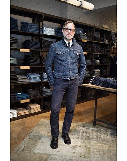 Bruce Pask**, Men's Fashion Director **at Bergdorf Goodman Who makes them: These are the Ami Slim 5 pocket jean. **How long have you had them: ** Got them in June in Paris and they have supplanted all my others as my jean of choice. **Where did you find them: ** I am a big fan of the Ami brand (we carry it on 3 at Goodman's) so I went to check out their new store on the rue de Grenelle in Saint-Germain-des-Prés. I saw these navy over-dyed jeans and since navy and charcoal make up pretty much ... Men's Street Style Photography, Denim Outfit Men, Men's Denim Style, Trendy Mens Fashion, Mens Fashion Urban, Wardrobe Stylist, Mens Fashion Classy, Nice Style, Latest Mens Fashion