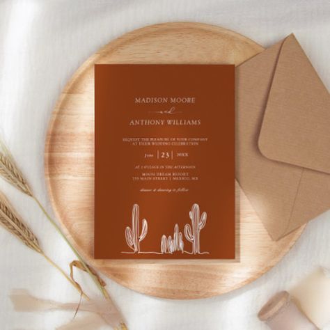 $3.03 | Terracota Cactus Line Art Desert Wedding - simple elegant trendy stylish budget, minimal minimalist clean casual trending, minimalist, handwritten sophisticated calligraphy, rustic formal classic white script, saguaro, cactus desert destination wedding, sketched cactus elopement wedding, boho, bohemian earth tone terracotta Desert Invitations, Cactus Line Art, Fall Deserts, Southwestern Wedding, Desert Theme, Tree Wedding Invitations, Script Wedding Invitations, Joshua Tree Wedding, Cactus Wedding