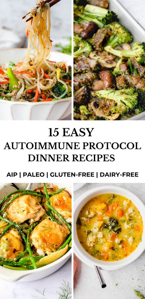 These 15 easy autoimmune protocol (AIP) dinner recipes will make meal planning and AIP meal prep a breeze! #healmedelicious #aip #paleo #aiprecipes #paleorecipes #aipdiet #autoimmunepaleo #aipprotocol #glutenfree #autoimmuneprotocol #easyaipdinners #aipdinnerrecipes #easyaiprecipes #aipmealprep #aipmealplan #aipmealplanning #aipdinner #onepotmeals #onepanmeals #sheetpanmeals #soups #stews #aiponepandinner #aiponepotmeal #aipsoup #aipsheetpandinner Autoimmune Meal Plan, Aip List Of Foods, 30 Day Aip Meal Plan, Elimination Diet Recipes Dinner, Quick Anti Inflammation Dinner Recipes, Aip Meal Prep For The Week, Healthy Dinner Recipes Paleo, Paleo Quick Dinner, Auto Immune Protocol Recipes