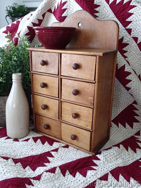 Beautiful Antique Wooden Spice Cabinet ~ 8 Drawers! #Country #handmade Old Spice Cabinet, Antique Spice Cabinet, Wooden Garden Boxes, Spice Cabinets, Dry Sink, Spice Drawer, Primitive Homes, Drawer Inserts, Spice Cabinet