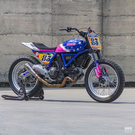 This Ducati Scrambler flat tracker is a collaboration between Greaser Garage and racer Sami Panseri. Ducati Scrambler Custom, Jawa 350, Motor Balap, Xe Ducati, Motor Trail, Garage Logo, Ducati Cafe Racer, Flat Track Motorcycle, Scrambler Custom