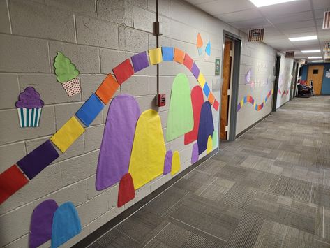 Vbs Candyland Theme, Candyland Wall Decorations, Candyland Vbs Decor, Candyland Classroom Decorations, Candyland Hallway Decorations, Candyland Hallway Theme, Candyland Door Decorations, Candyland Hallway, Twist And Turns Vbs 2023 Decorations