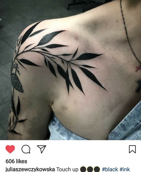 Blackwork Leaves Tattoo, Back Tattoo Leaves, Leaves On Collar Bone Tattoo, Shoulder Tattoo Leaves, Dark Leaf Tattoo, Large Leaf Tattoo, Shoulder Leaves Tattoo, Dark Leaves Tattoo, Black Plant Tattoo