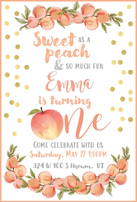 Peach First Birthday Invitation, Peaches 1st Birthday Party, First Birthday Themes August, August 1st Birthday Girl, First Birthday One Sweet Peach, Sweet As Peach 1st Birthday, Peachy First Birthday, One Sweet Peach Birthday Invitations, One Sweet Peach Invitations