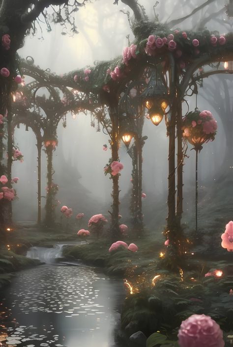 Flowers In Fog, Fae Background, Magical Fairy Aesthetic, Fairy Land Magical Forest Aesthetic, Dark Forest Fairy Aesthetic, Pink Forest Aesthetic, Spring Fairy Aesthetic, Fairy Magic Aesthetic, Pink Fantasy Aesthetic