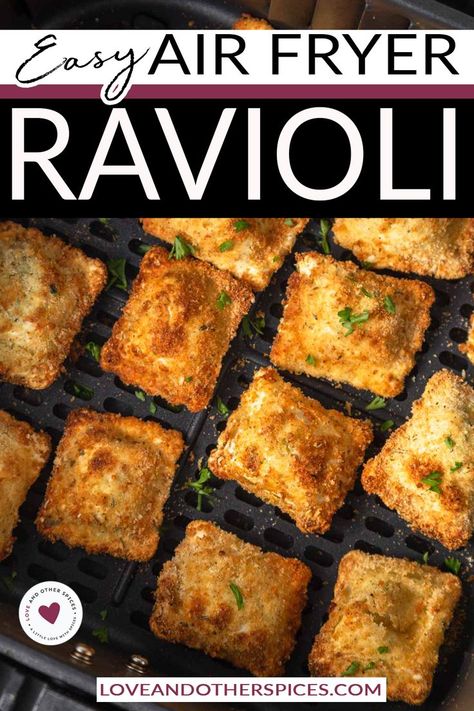 These crispy, toasted Air Fryer Ravioli are an Italian restaurant favorite that's easy to make at home. Skip the deep fryer and make this healthy version with less oil. They're insanely delicious and make a great party food or appetizer. Who can resist these crispy little morsels full of cheesy pasta goodness? My guests go crazy over these Air fried ravioli when served at parties. So do my kids who love all things pasta. | @loveandotherspices #AirFryerRavioli #GameDayFood How To Cook Ravioli, Canned Ravioli, Air Fryer Ravioli, Fried Ravioli Recipe, Fried Ravioli, Fried Pasta, Toasted Ravioli, Healthy Version, Ravioli Recipe