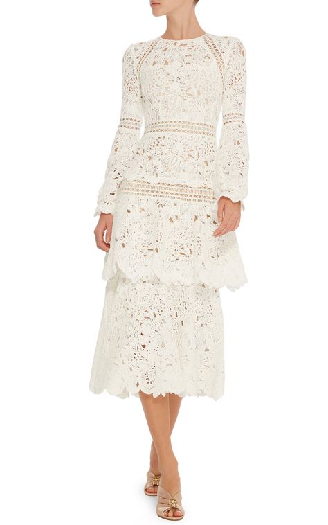 Long Sleeve Tiered Dress by OSCAR DE LA RENTA Now Available on Moda Operandi Long Crochet Lace Dress, Dantel Dress, Crochet Midi Dress, Elegant Outfit Classy, Lace Outfit, Best Wedding Dresses, Little White Dresses, Tiered Dress, White Fashion