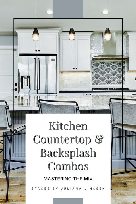 No-fail kitchen backsplash and countertop combinations! #interiordesign #interiors #interiorstyling #homedesign #homestyling #homedecor #dreamhome #livingspaces #interiordecorating Cabinet Countertop Backsplash Combinations, No Fail Kitchen Combos, Kitchen Cabinet Countertop Combinations, Kitchen With Two Different Countertops, Backsplash Countertop Combination, Cabinet Countertop Combinations, Countertop Backsplash Combinations, Backsplash And Countertop Combos, Cabinet And Countertop Combinations