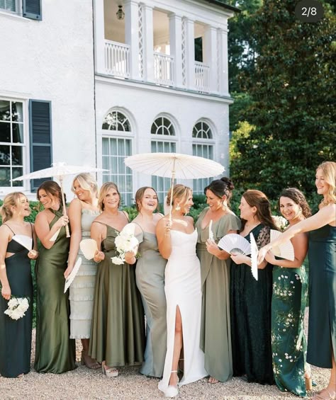 Patterned Green Bridesmaid Dresses, Groomsmen With Mismatched Bridesmaids, Groomsmen And Bridesmaids Colors Spring, Different Shades Of Green Bridesmaid Dresses, Bridesmaid Mix And Match Dresses, Different Green Bridesmaid Dresses, August Bridesmaid Dresses, Wedding Pop Of Color, Bridesmaid Dresses Color Schemes