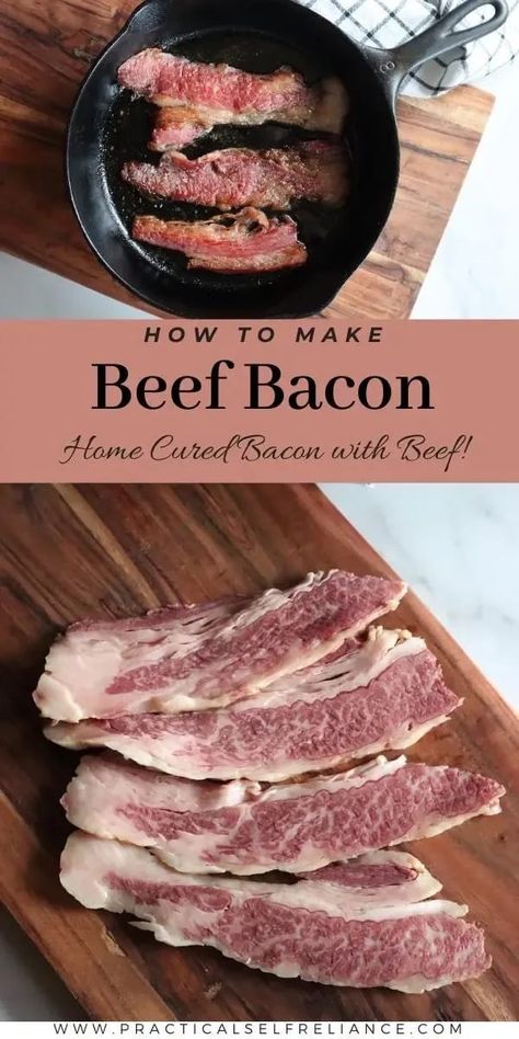 How to Make Beef Bacon: Curing Meat at Home - If you're looking for cured meat recipes, you'll love this homemade cured bacon made with beef. Making beef bacon with only 3 ingredients is simple to do and I can honestly say it's the best homemade bacon! Learn exactly how to make bacon in the oven! beef bacon recipes | making beef bacon | homemade beef bacon | salt cured bacon | curing bacon recipes Make Bacon In The Oven, Smoked Bacon Recipes, Curing Bacon, Curing Meat, Cured Meat Recipes, Make Bacon, Homemade Bacon, Homemade Sausage Recipes, Jerky Recipes