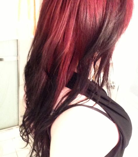 Red to black ombre Dark Red Hair With Black Tips, Red To Black Hair Ombre, Ombre Dark Red Hair, Red With Black Tips Hair, Black Hair Red Ends, Black Ends Hair, Red Hair With Black Ends, Red Hair Black Tips, Black To Red Ombre Hair