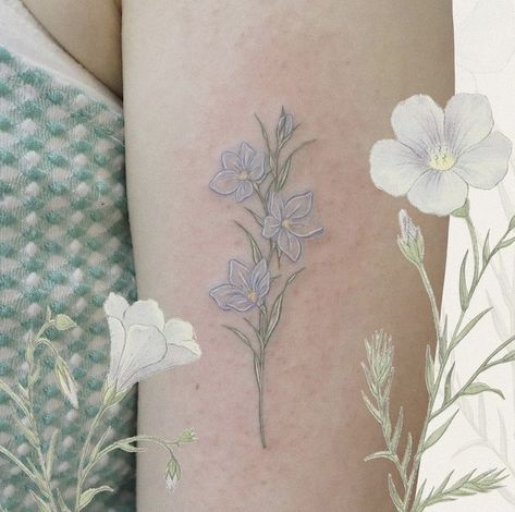 Blue Aesthetic Tattoo, Light Blue Tattoo Ink, Ethereal Tattoos Thigh, Light Color Tattoo, White Flowers Tattoo, Korean Flower Tattoo, Blue Porcelain Tattoo, Blue Tattoos For Women, Blue Flowers Tattoo