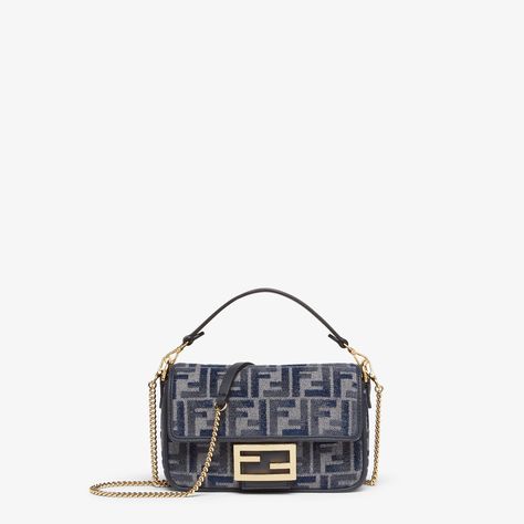 Baguette Mini - Dark blue FF chenille bag | Fendi Fall Fashion Shoes, Baguette Bags, Fendi Shoulder Bag, It Bag, Fendi Baguette, Blue Gradient, Baguette Bag, Clutch Pouch, Gray Fabric