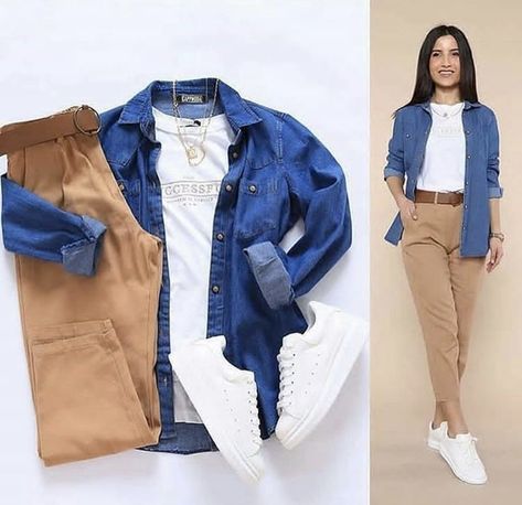 Looks Camisa Jeans, Ținute Business Casual, Casual College Outfits, Trendy Dress Outfits, Outfit Mujer, غرفة ملابس, Text Stories, Ținută Casual, Causual Outfits