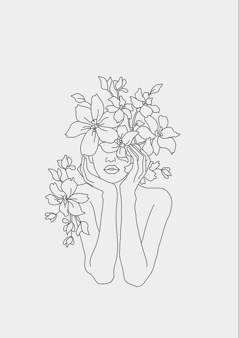 Outline Wall Art, Female Line Art Illustrations, Silhouette With Flowers Tattoo, Female One Line Drawing, Flowers Out Of Head Tattoo, Tattoos For Personal Growth, Fine Line Art Drawings, Line Art Embroidery On Canvas, Tattoos For Growth