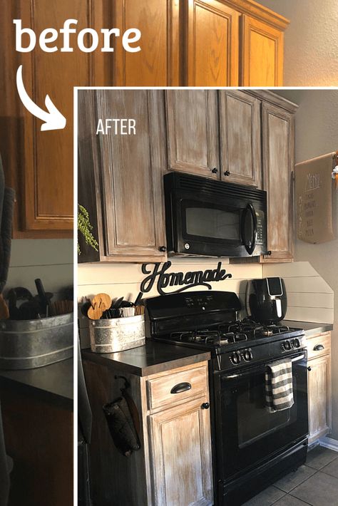 honey oak cabinets Archives - The DIY Vibe Distressed Kitchen Cabinets, Kitchen Cabinets Before And After, Redo Kitchen Cabinets, Cabin Remodel, Stained Kitchen Cabinets, Honey Oak Cabinets, Distressed Kitchen, Diy Organizer, Update Cabinets